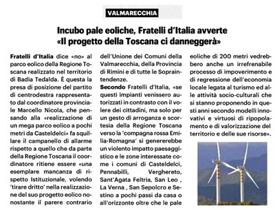 Incubo pale eoliche, Fratelli d'Italia avverte 'Il progetto della Toscana ci danneggerà'